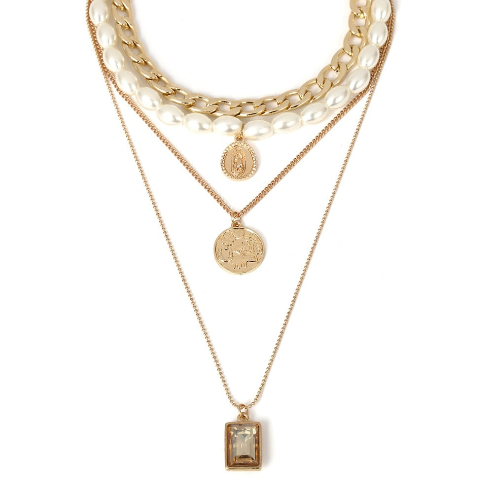 Layered Pearl & Crystal Coin Statement Choker