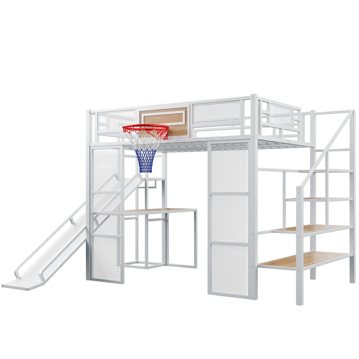 Full Loft Bed with Built-In Desk, Slide & Storage - Black or White