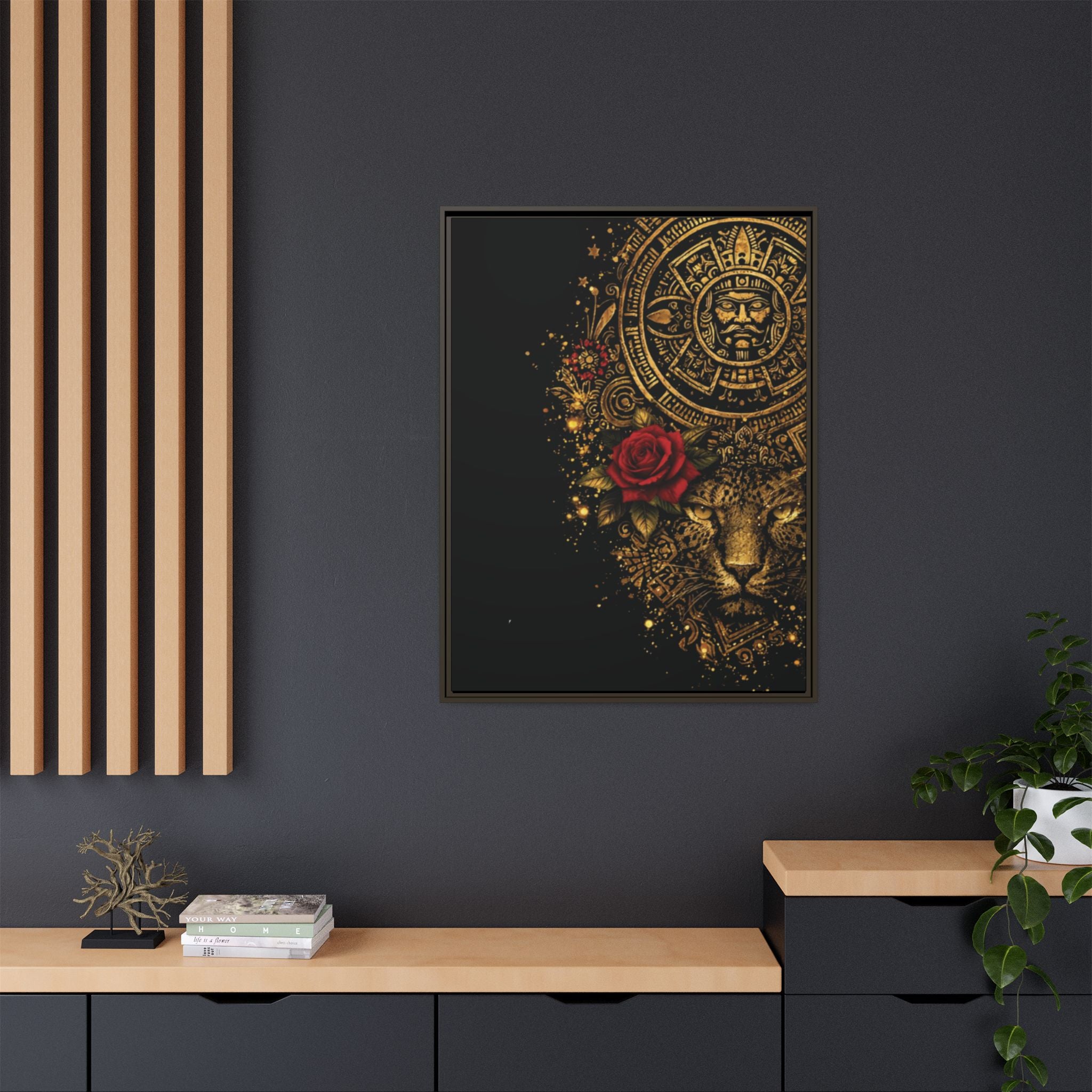 Reina Azteca Art Print — Framed Matte Canvas with Red Rose