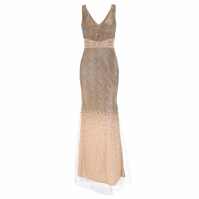Gold Foil Printed Sleeveless Split Long Dress Evening Gown