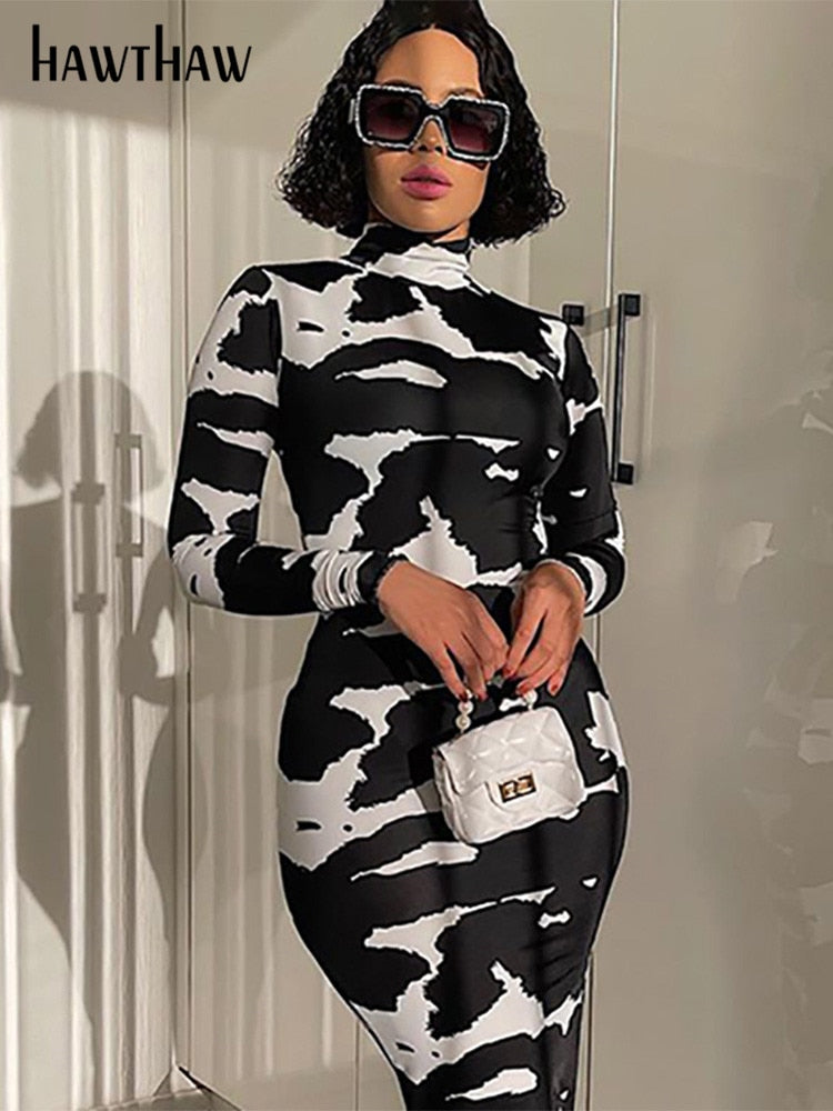 Printed Long-Sleeve Bodycon Maxi Dress