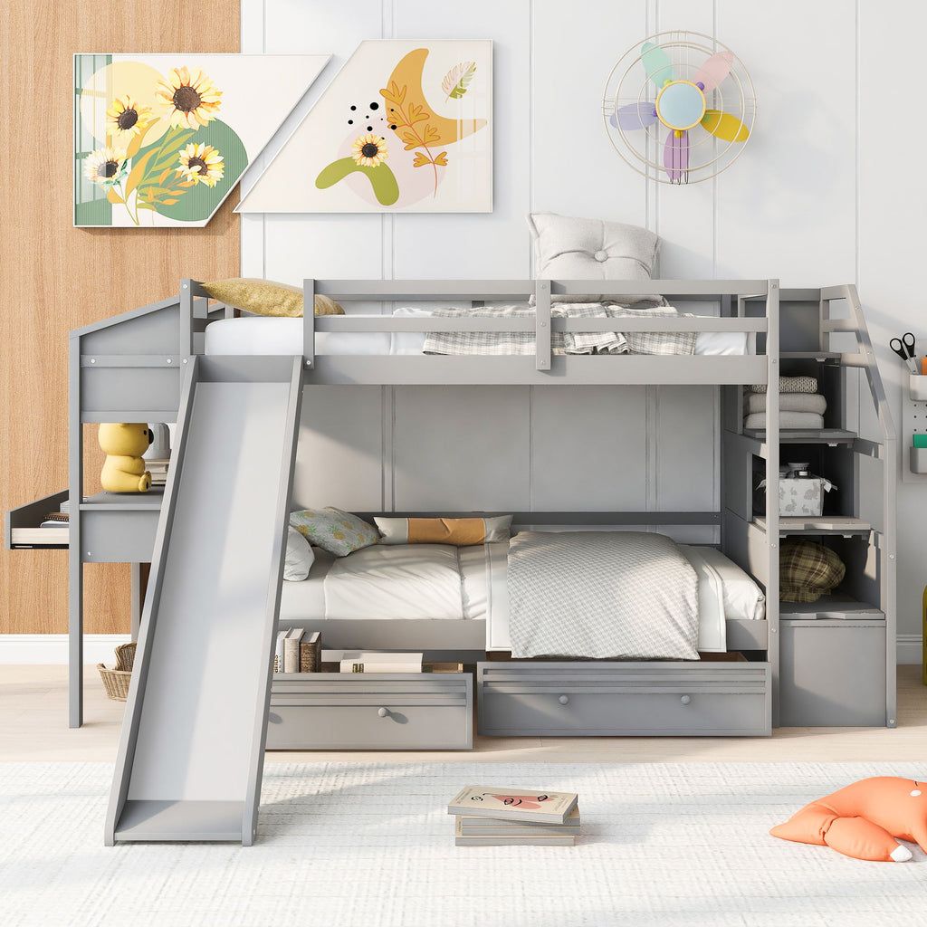 Bunk Bed with Storage Staircase, Slide & Desk - Twin or Full - Dark Gray or White