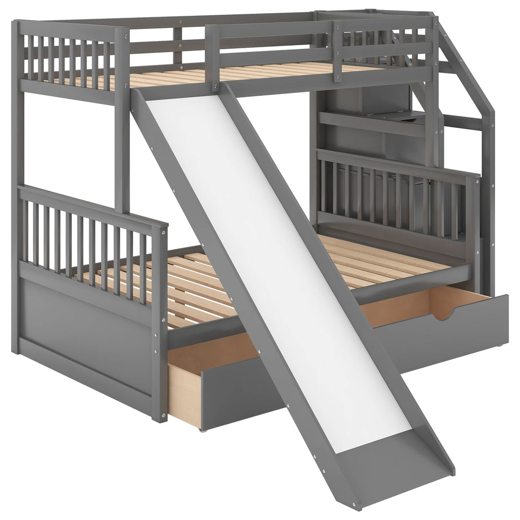 Bunk Bed with Storage Staircase, Slide & Desk - Twin or Full - Dark Gray or White