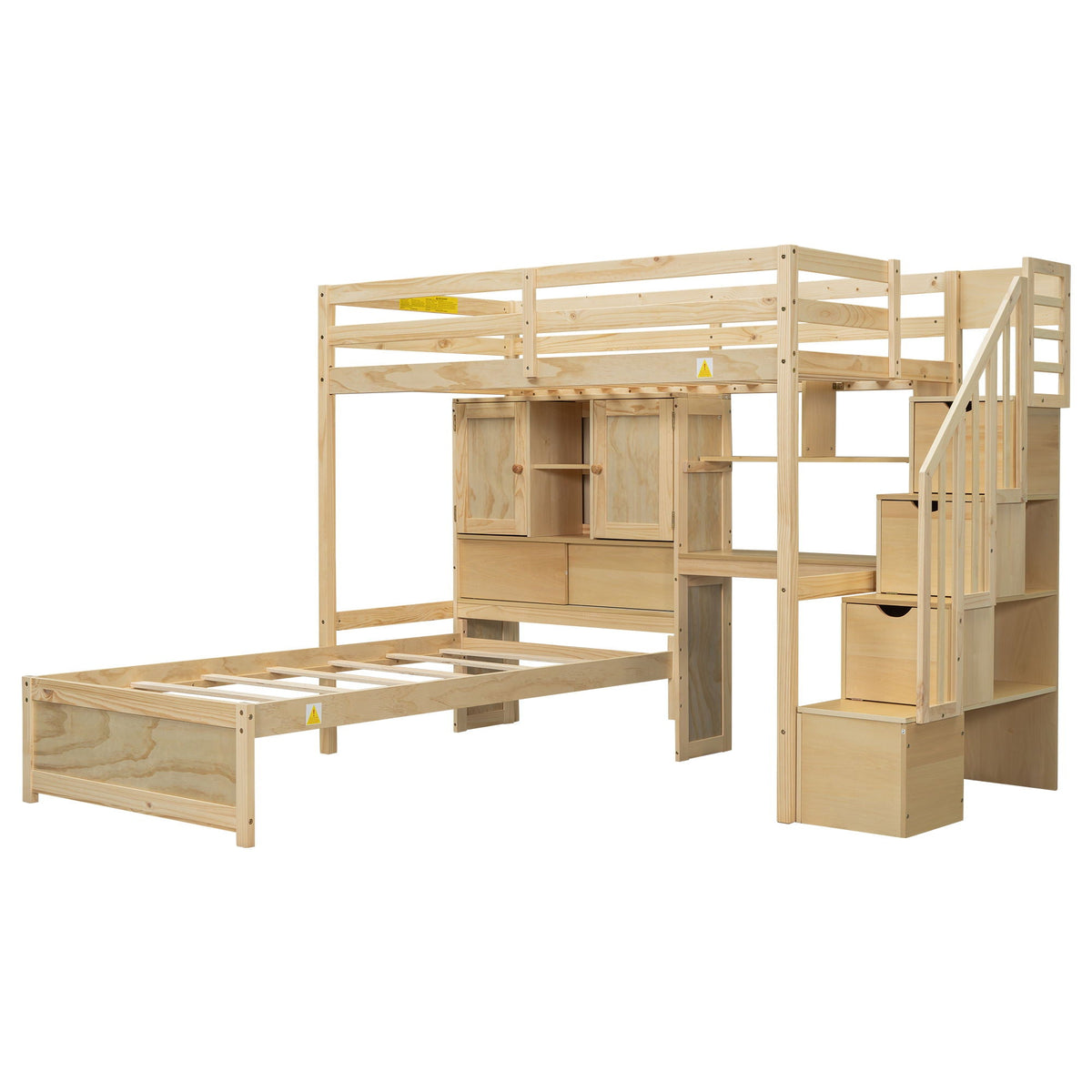 Twin Over Twin Loft Bed with Built-In Desk and Staircase - White or Light Brown
