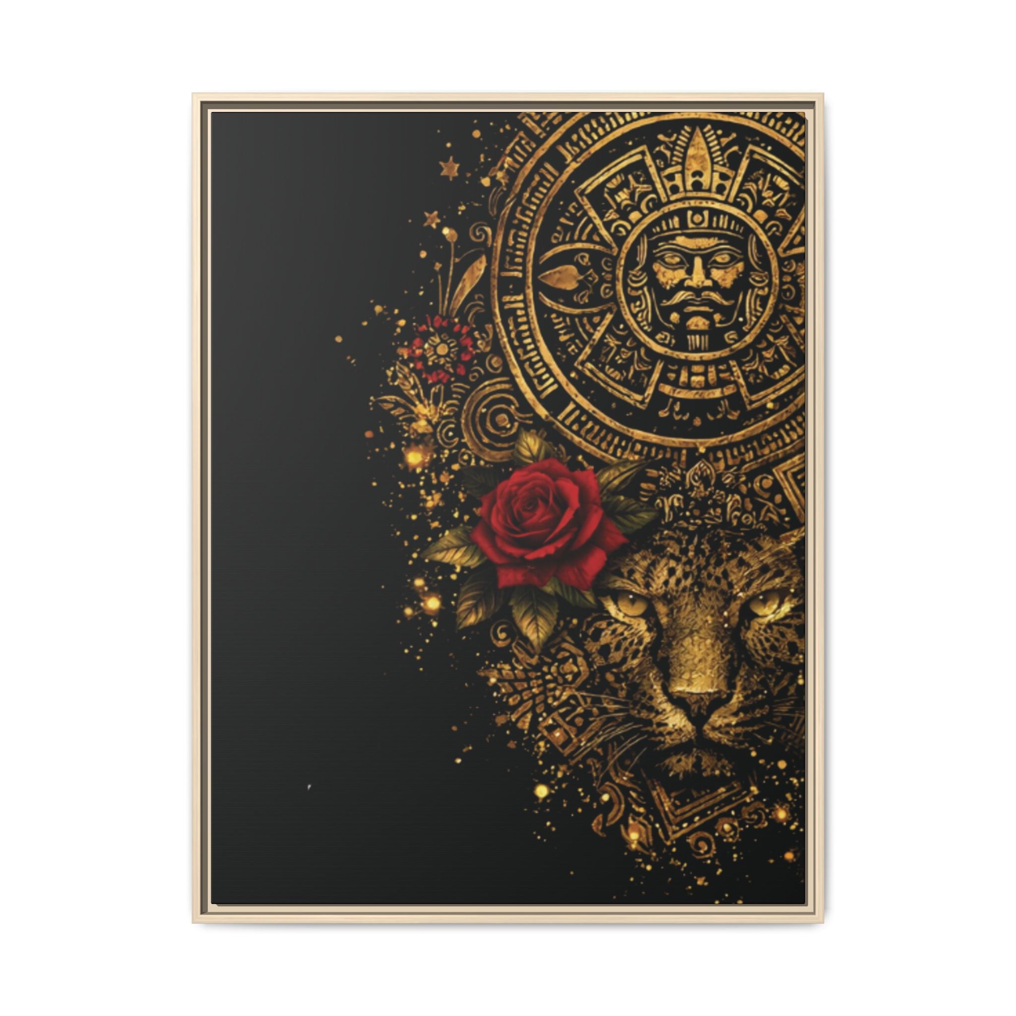 Reina Azteca Art Print — Framed Matte Canvas with Red Rose