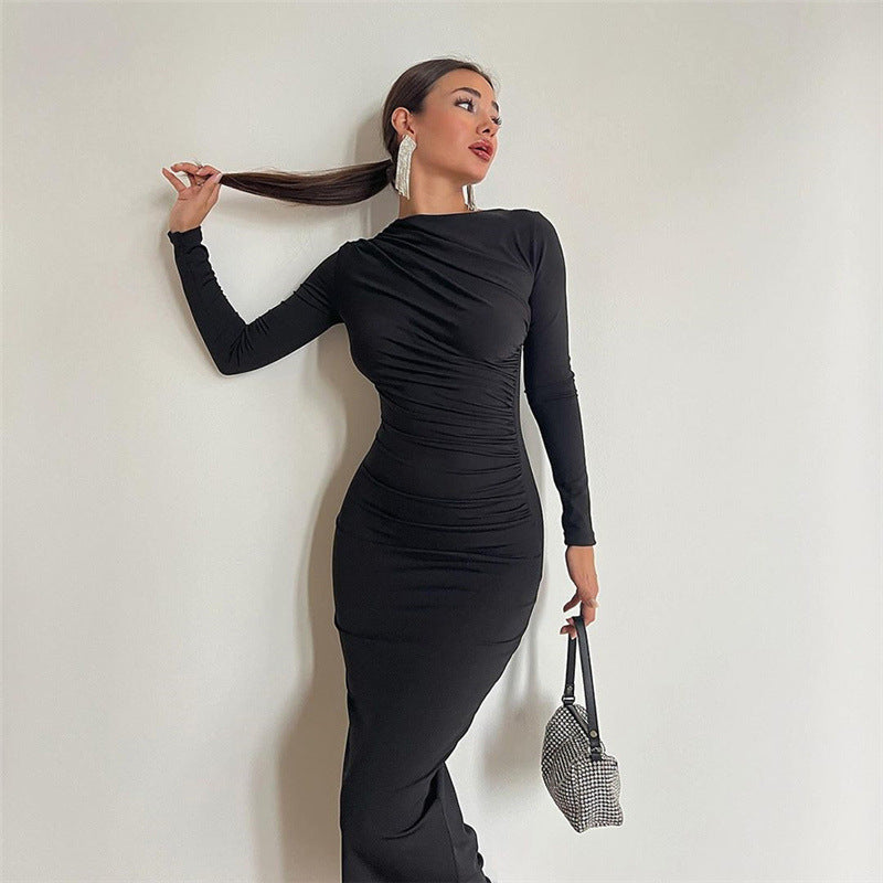 Solid Color Long Sleeve Round Neck Fitted Bodycon Dress
