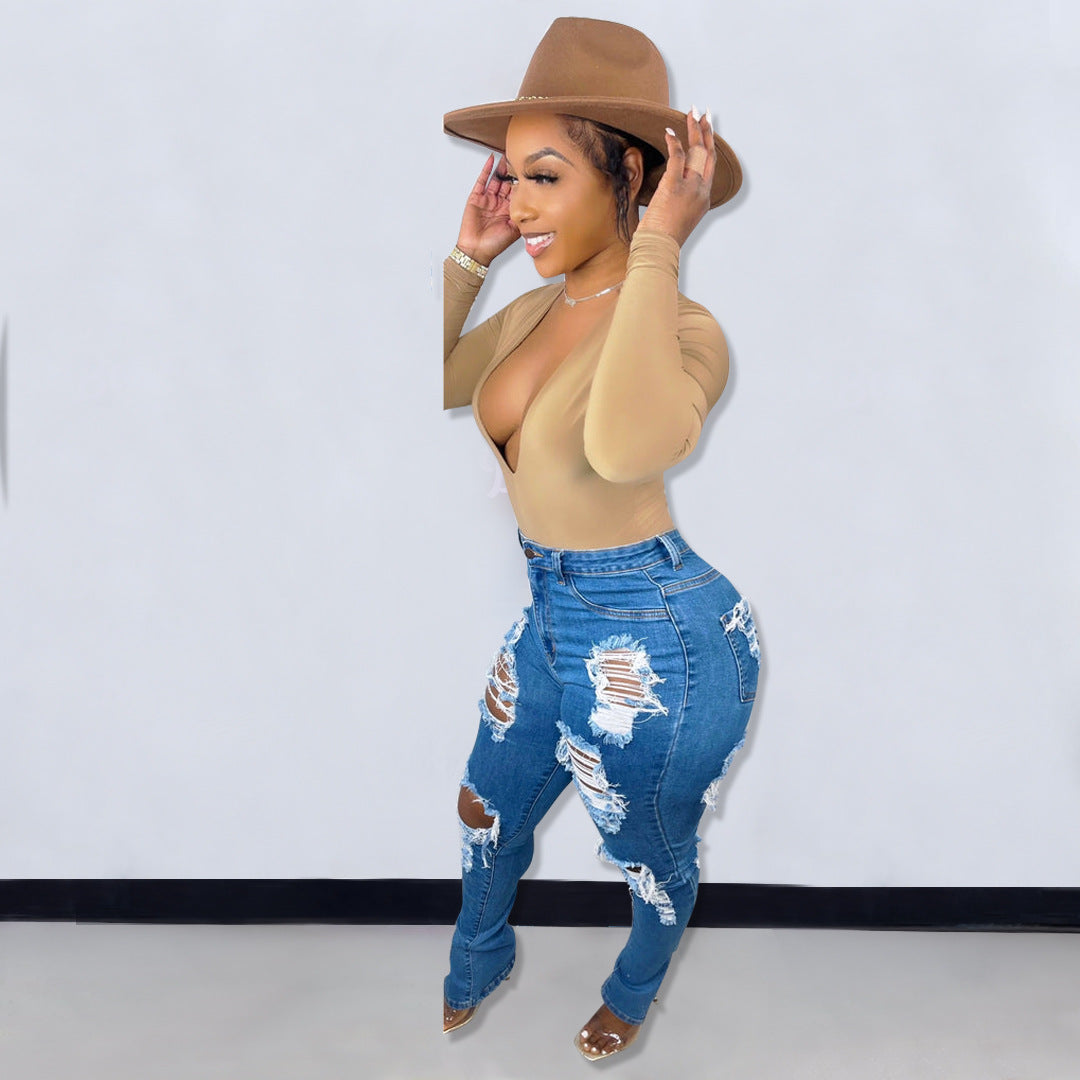 New Spring Cross-Border European And American Style Women's Popular Ripped Elastic Slit Skinny Jeans