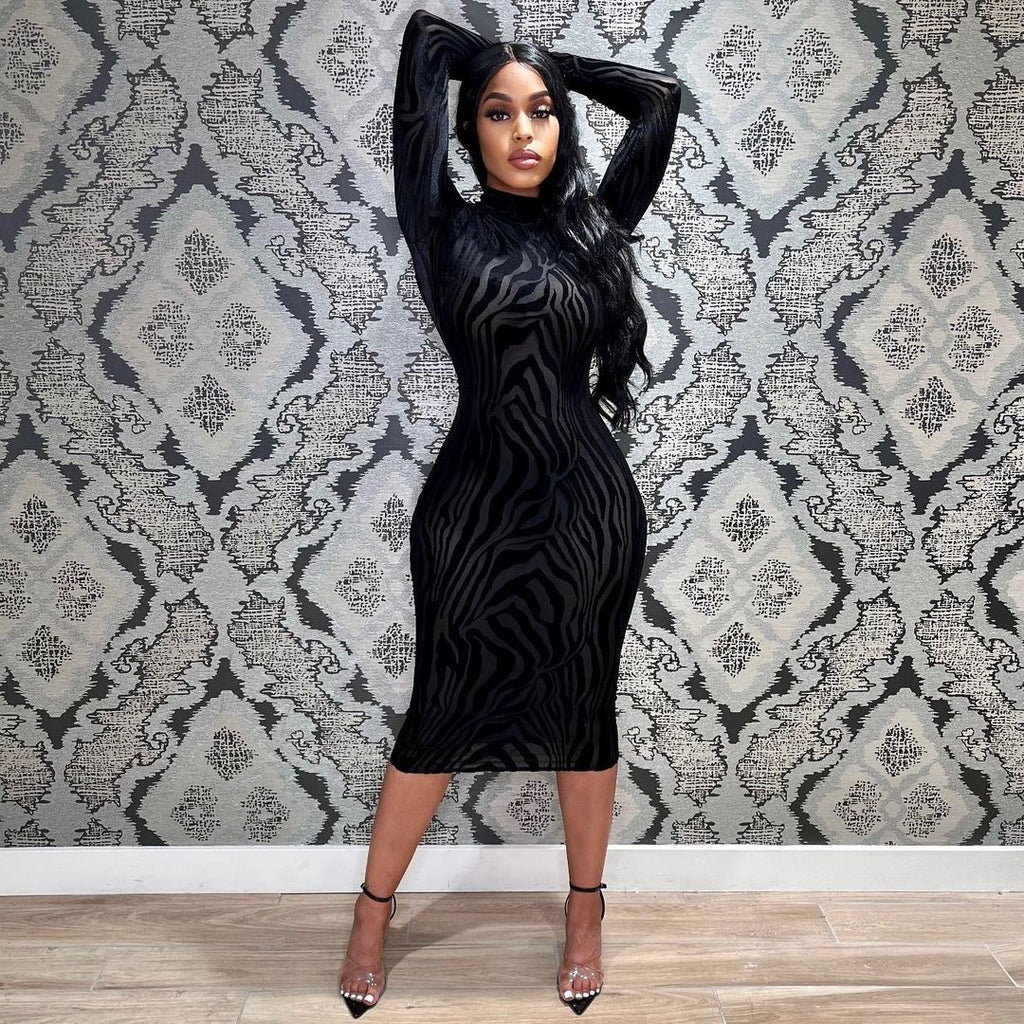 Women New Solid Color Planting Skinny Long Sleeve Dress Autumn High Neck Tight Fitting Hip Dress