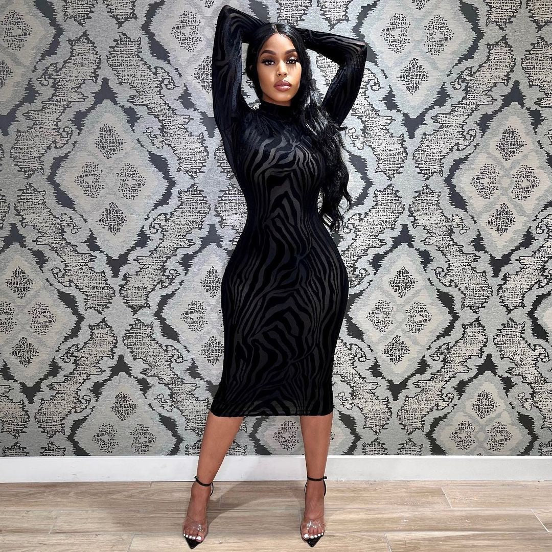 Women New Solid Color Planting Skinny Long Sleeve Dress Autumn High Neck Tight Fitting Hip Dress