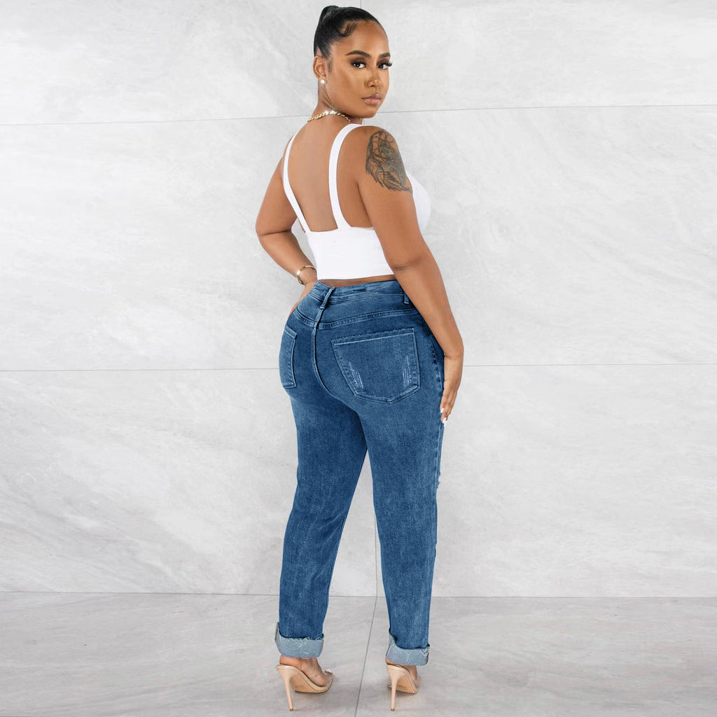 Factory Direct Sales  New Style Ripped High-Waisted Skinny Jeans for Women, Fitted Slim Leg Design Long Pants
