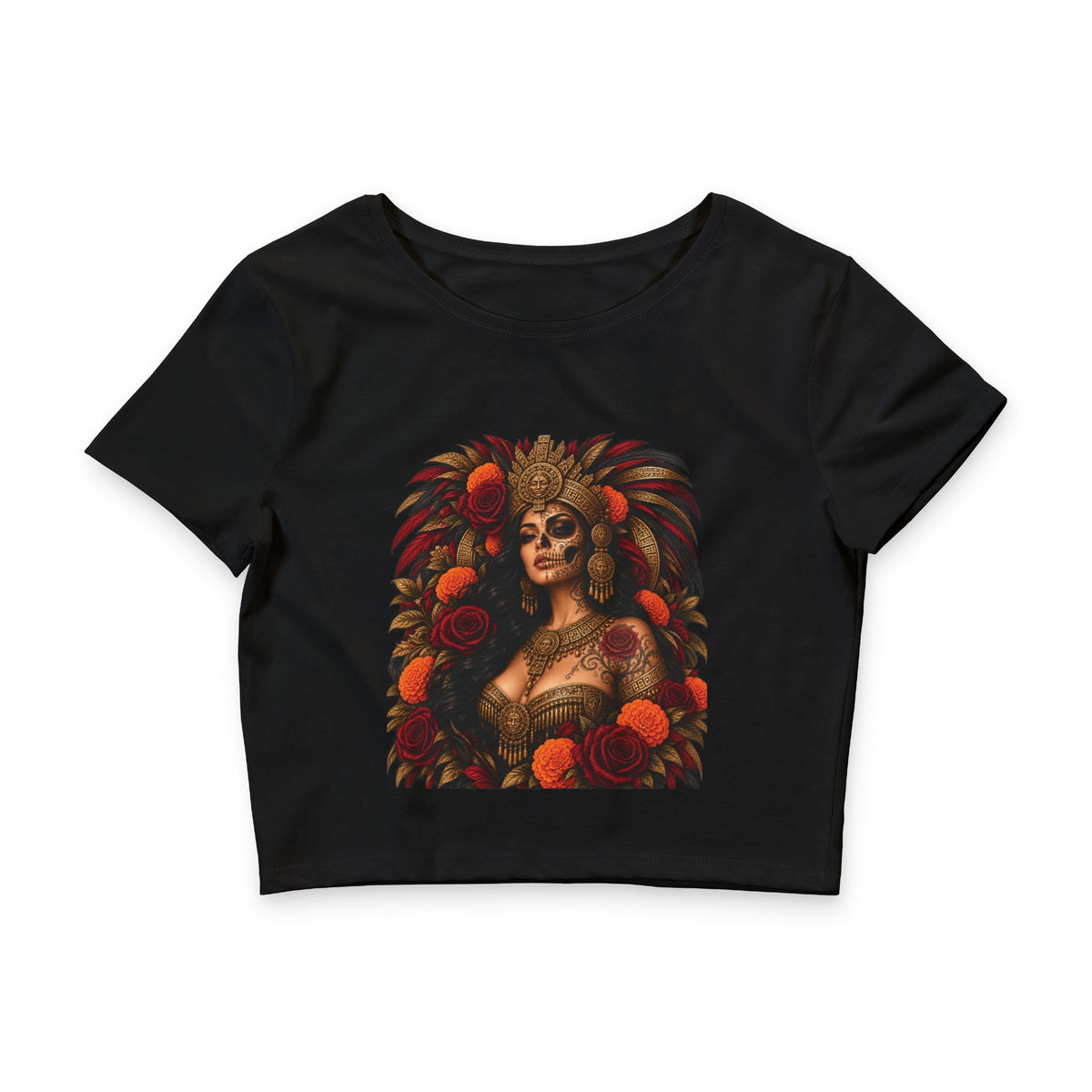 Reina Azteca: Entre Rosas y Cempasúchil | Women’s Poly-Cotton Crop Tee