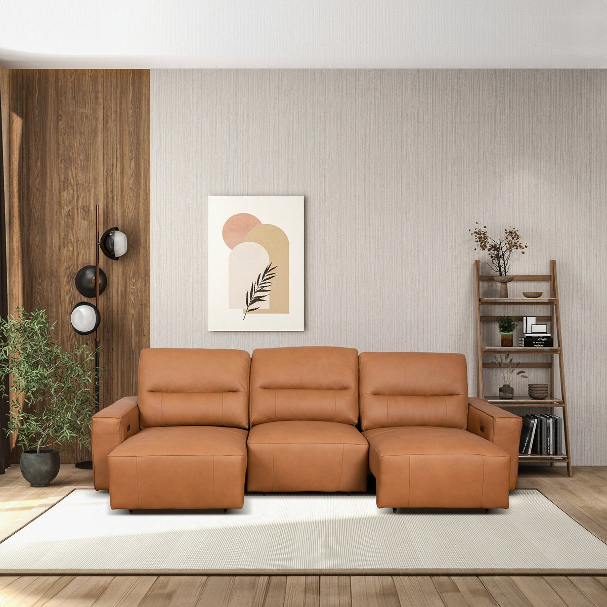 Triple Power Convertible Sofa Reclining Sectional with Queen Bed - Cognac