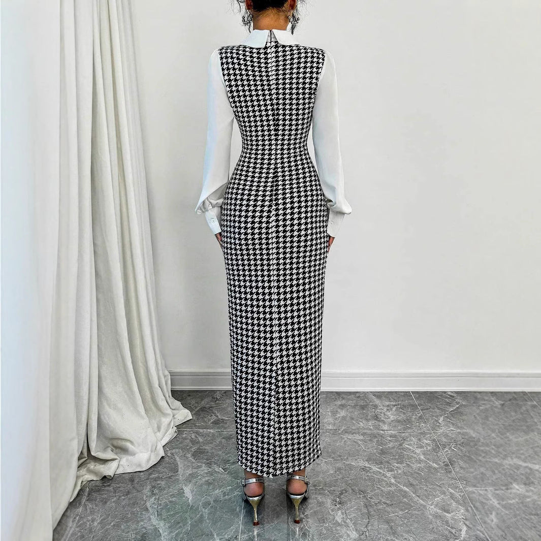 Elegant Fitted Bubble Sleeve Dress with Houndstooth Pattern, Bodycon Long Dress