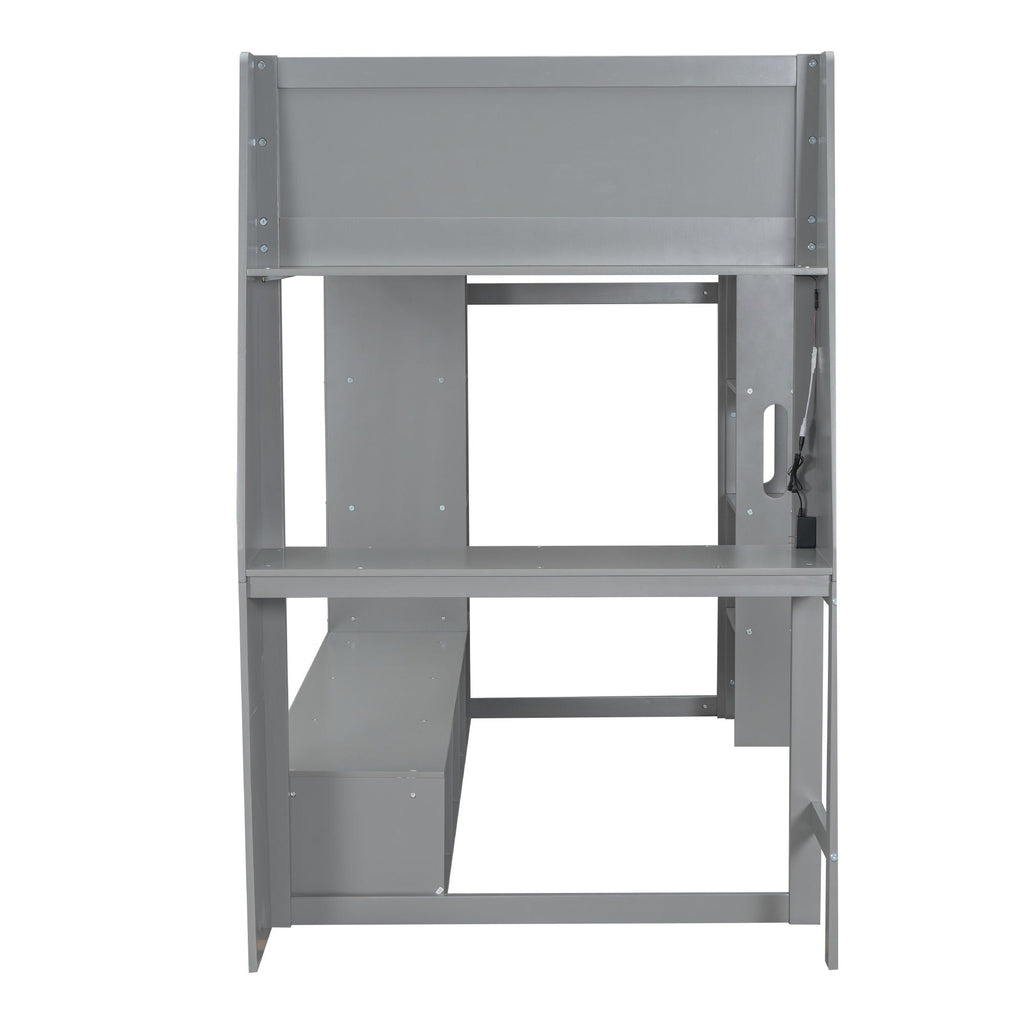 Gaming Loft Bed with Desk and Storage Shelves – LED Lighting – Black or Dark Gray