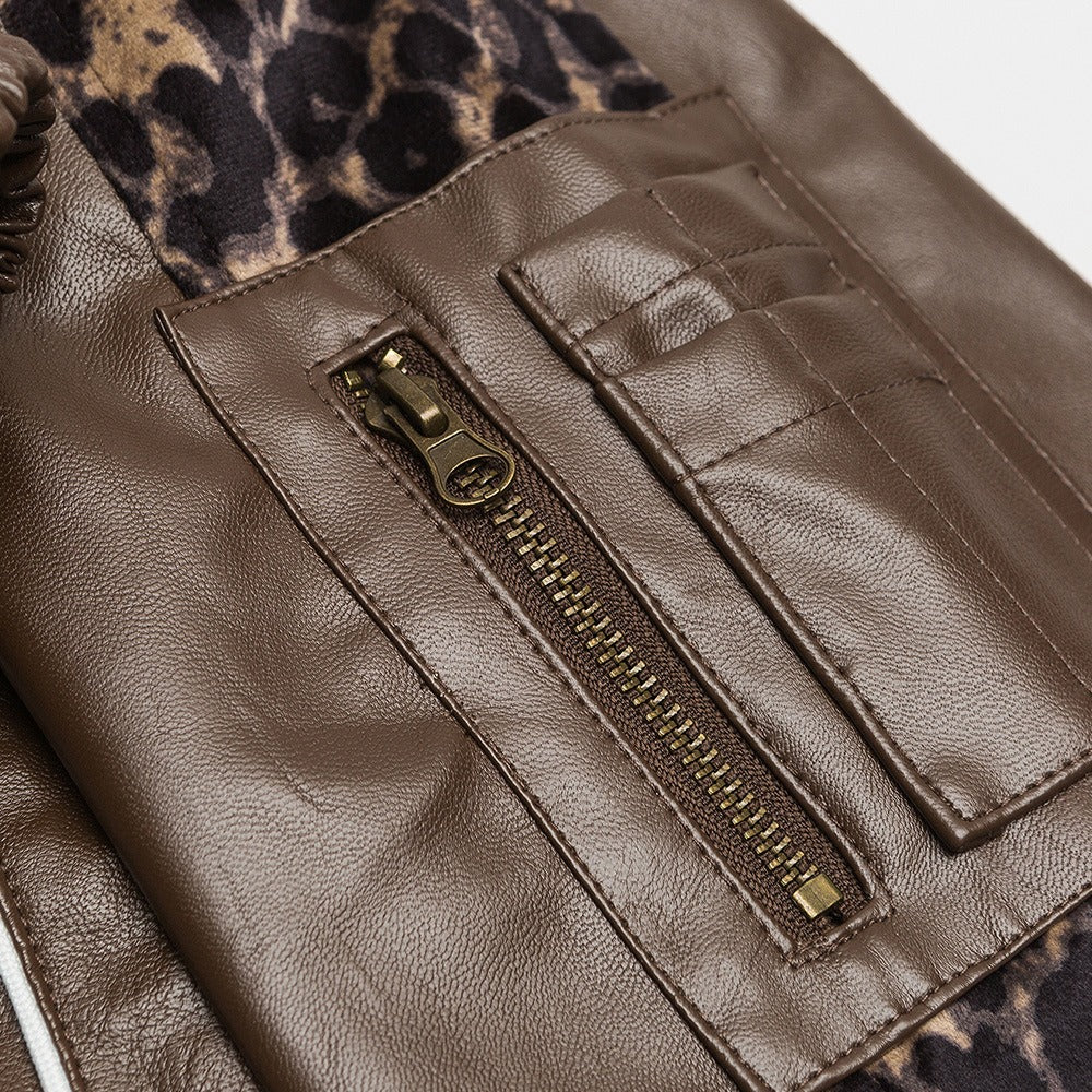Leopard Patchwork Faux Leather Moto Jacket