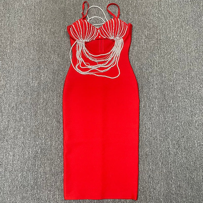 Beaded Chain Cutout Bandage Midi Dress