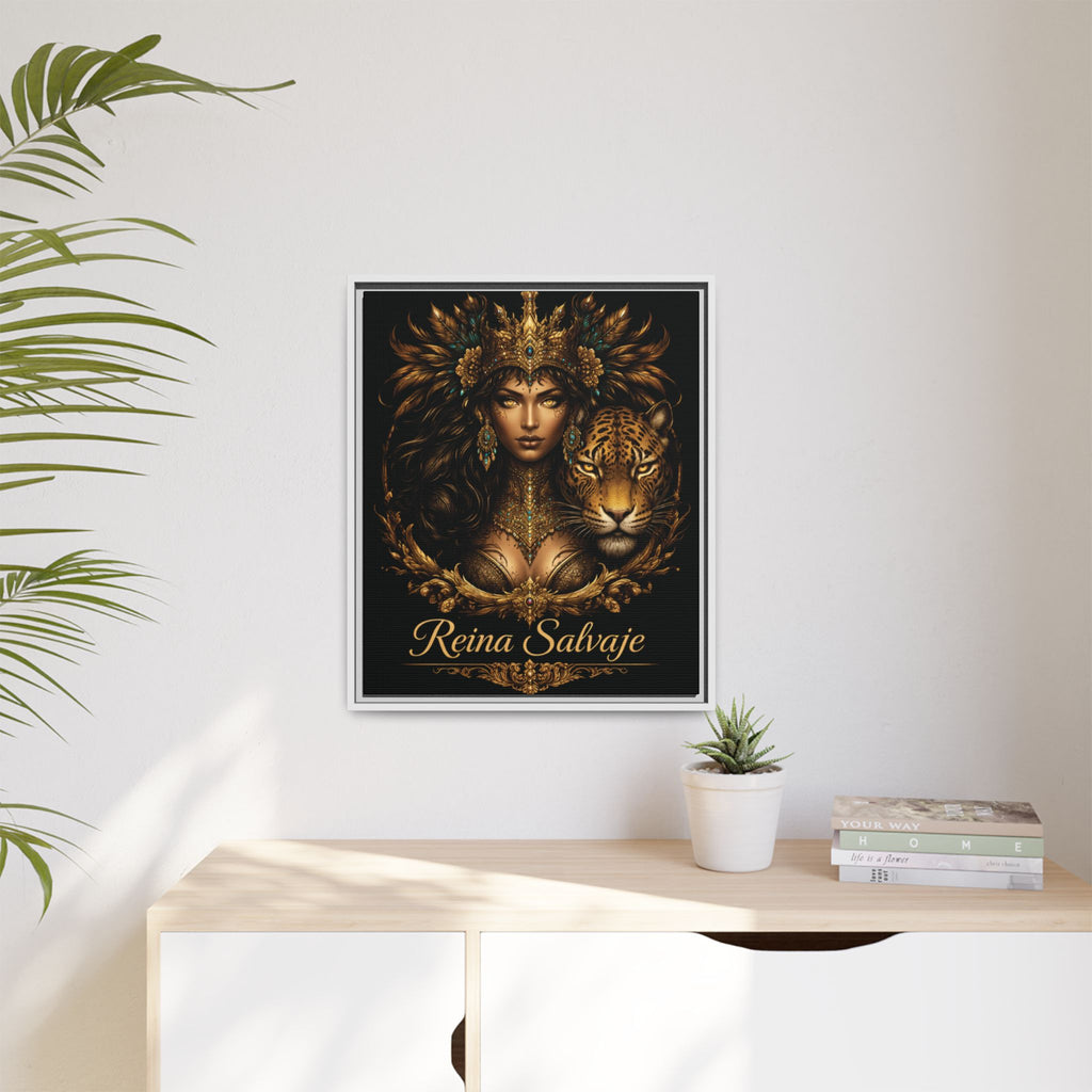 Reina Salvaje Matte Framed Canvas Art — Golden Goddess & Tiger Wall Decor