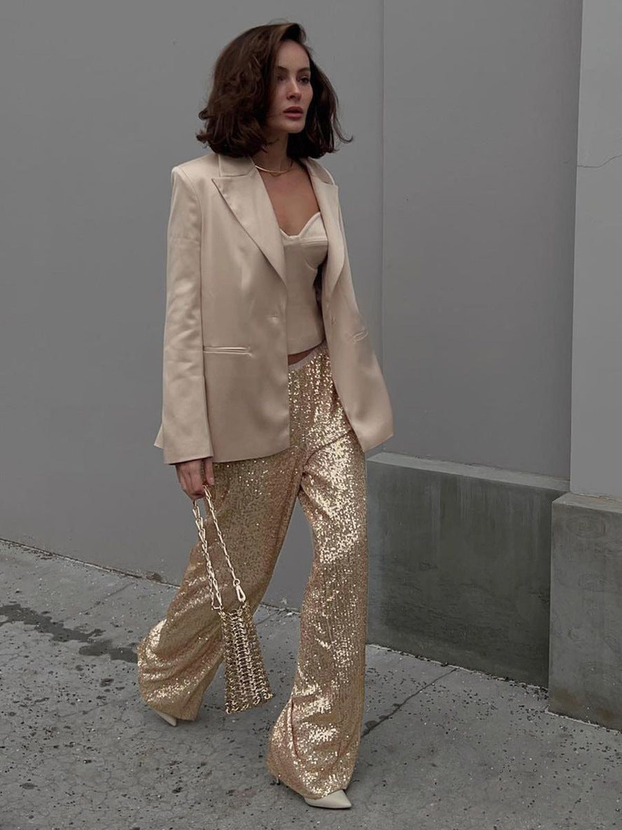 Bling Sequin Pants For Women Wide Leg Elastic High Waist Street Fashion Loose Party Evening Female Trousers Night Beach Pants