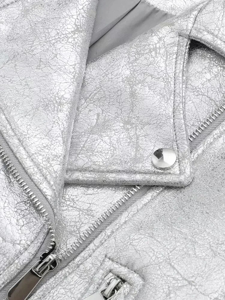 Silver Cropped Faux Leather Bomber Jacket