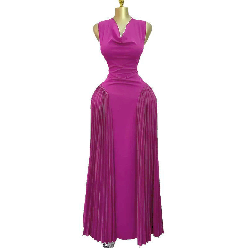 Elegant Sleeveless Pleated Bodycon Dress with Patchwork Design for Summer Long Dress