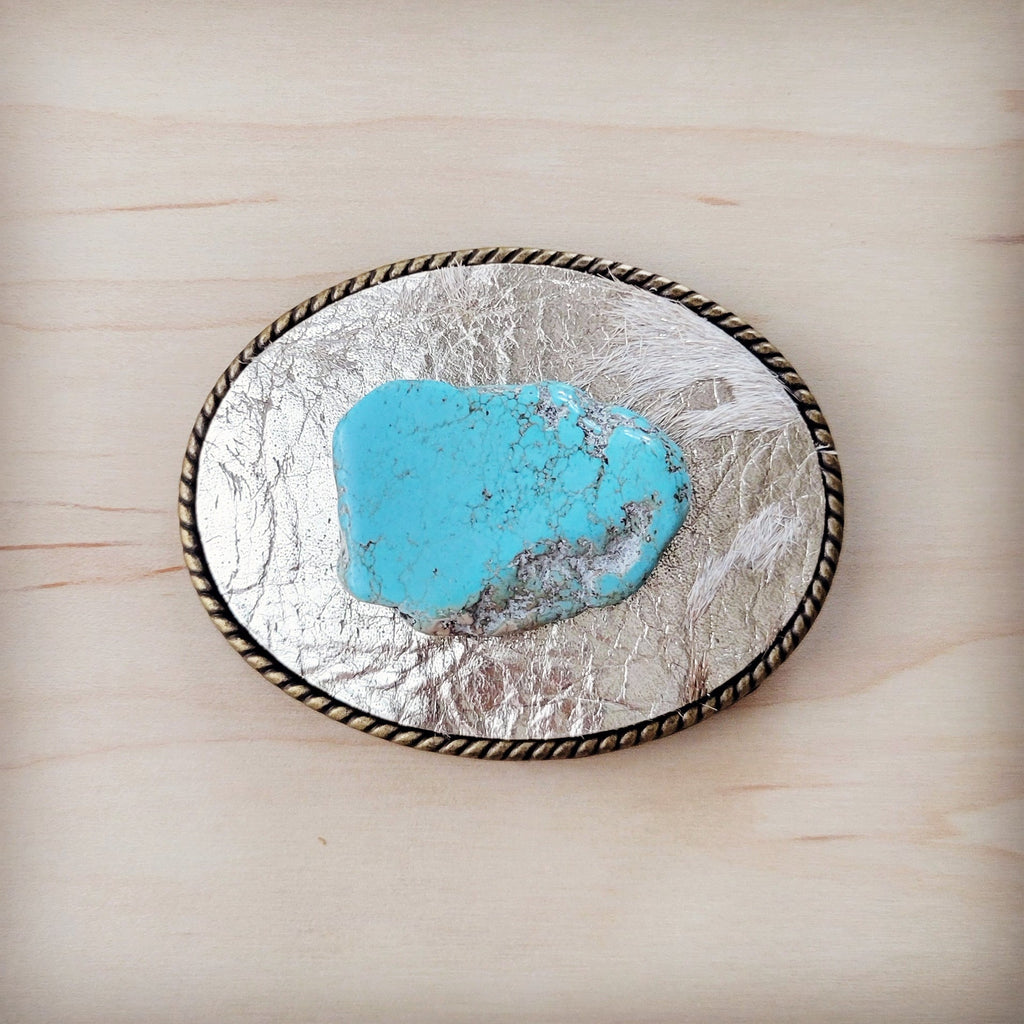 Rope Edge Gold Metallic Leather Belt Buckle w/ Blue Turquoise 908e
