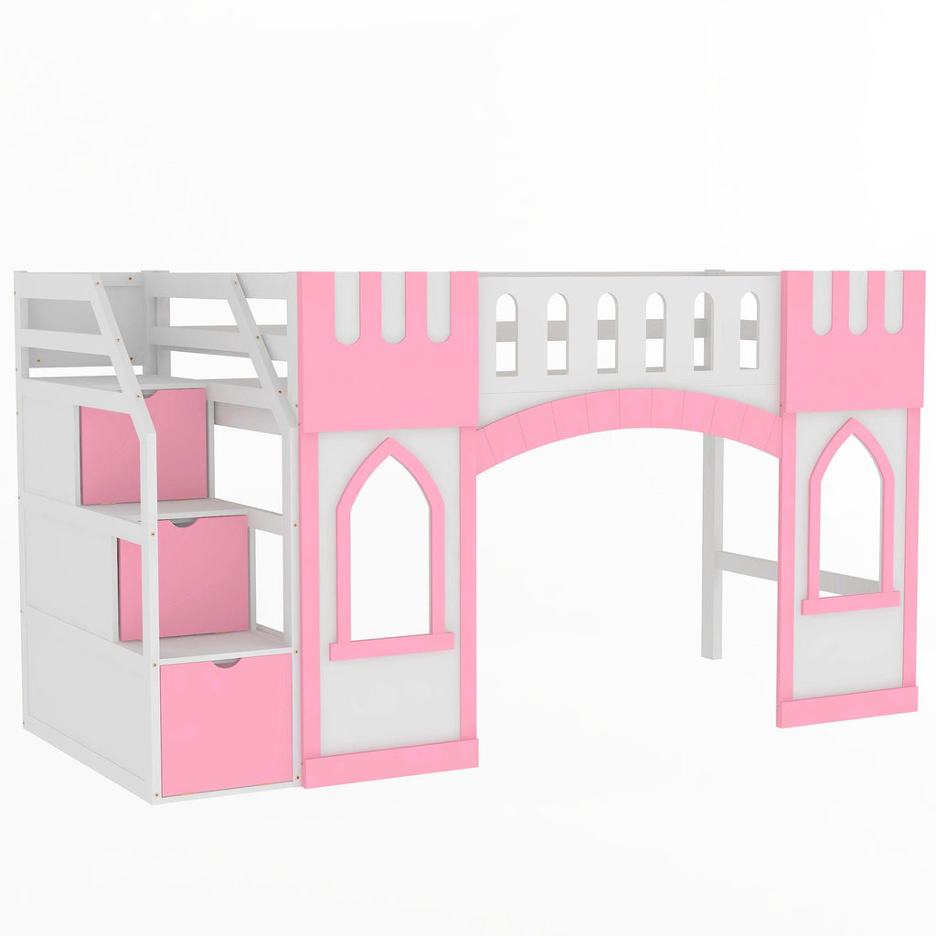 Loft Bed With Storage Staircase and Windows - Twin Size