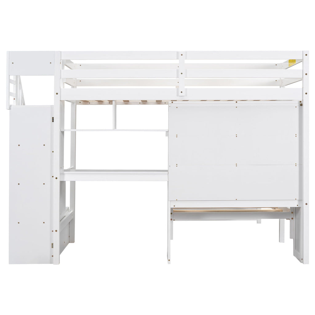 Twin Over Twin Loft Bed with Built-In Desk and Staircase - White or Light Brown
