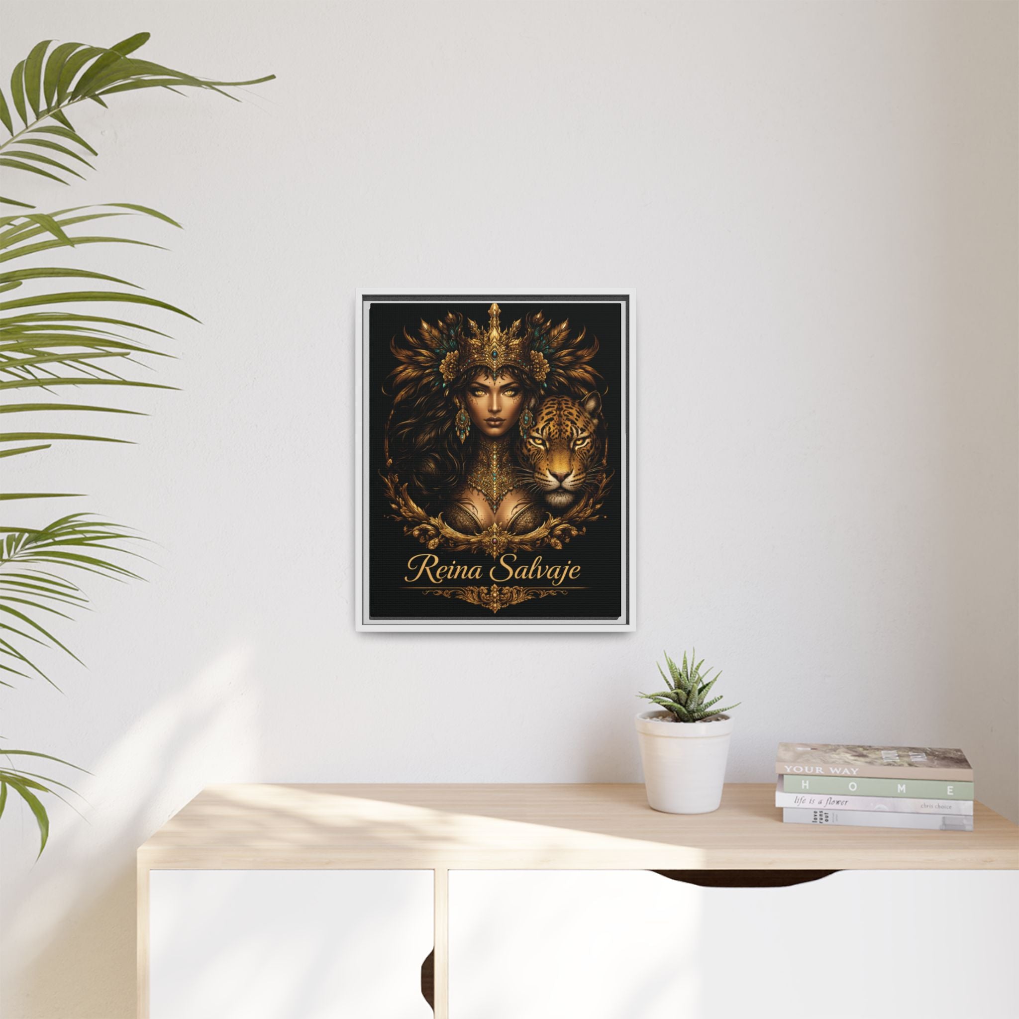 Reina Salvaje Matte Framed Canvas Art — Golden Goddess & Tiger Wall Decor
