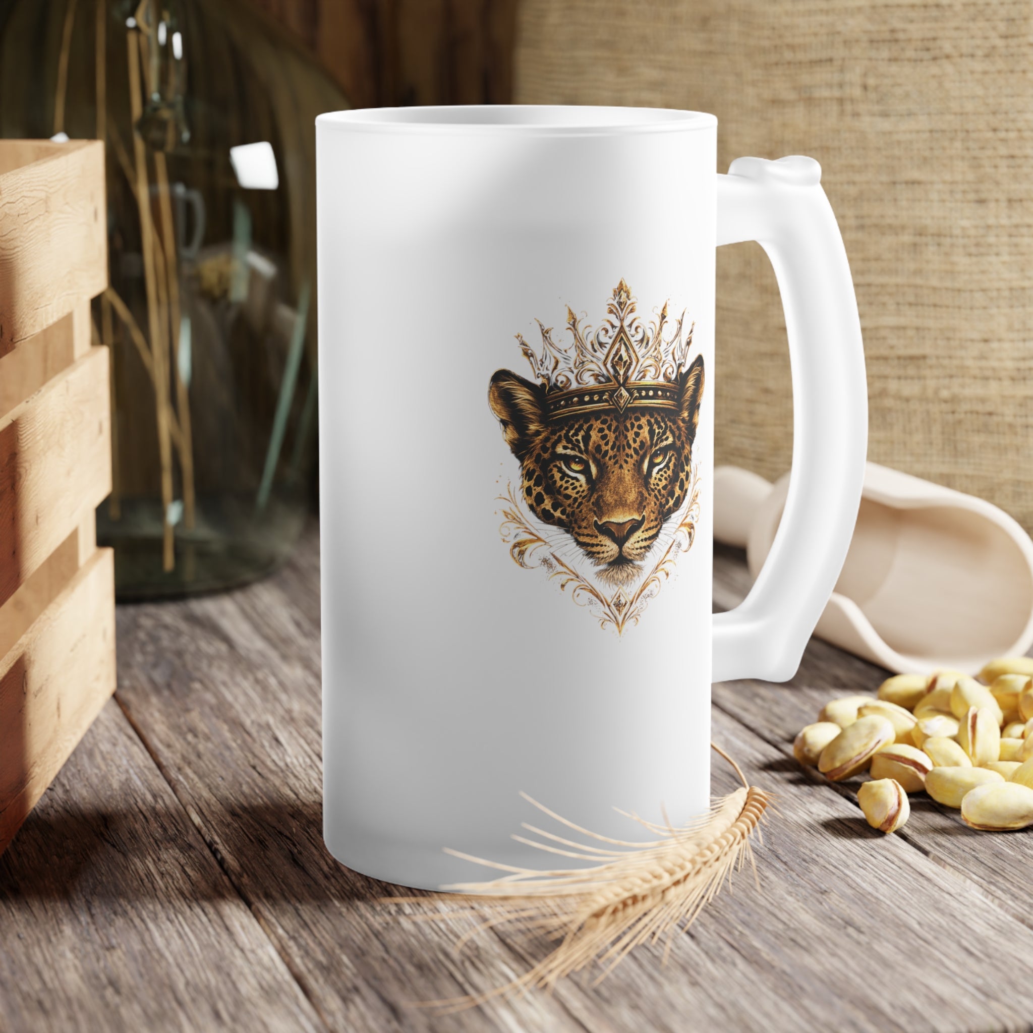 Frosted Glass Beer Mug — Regal Jaguar Crown Design
