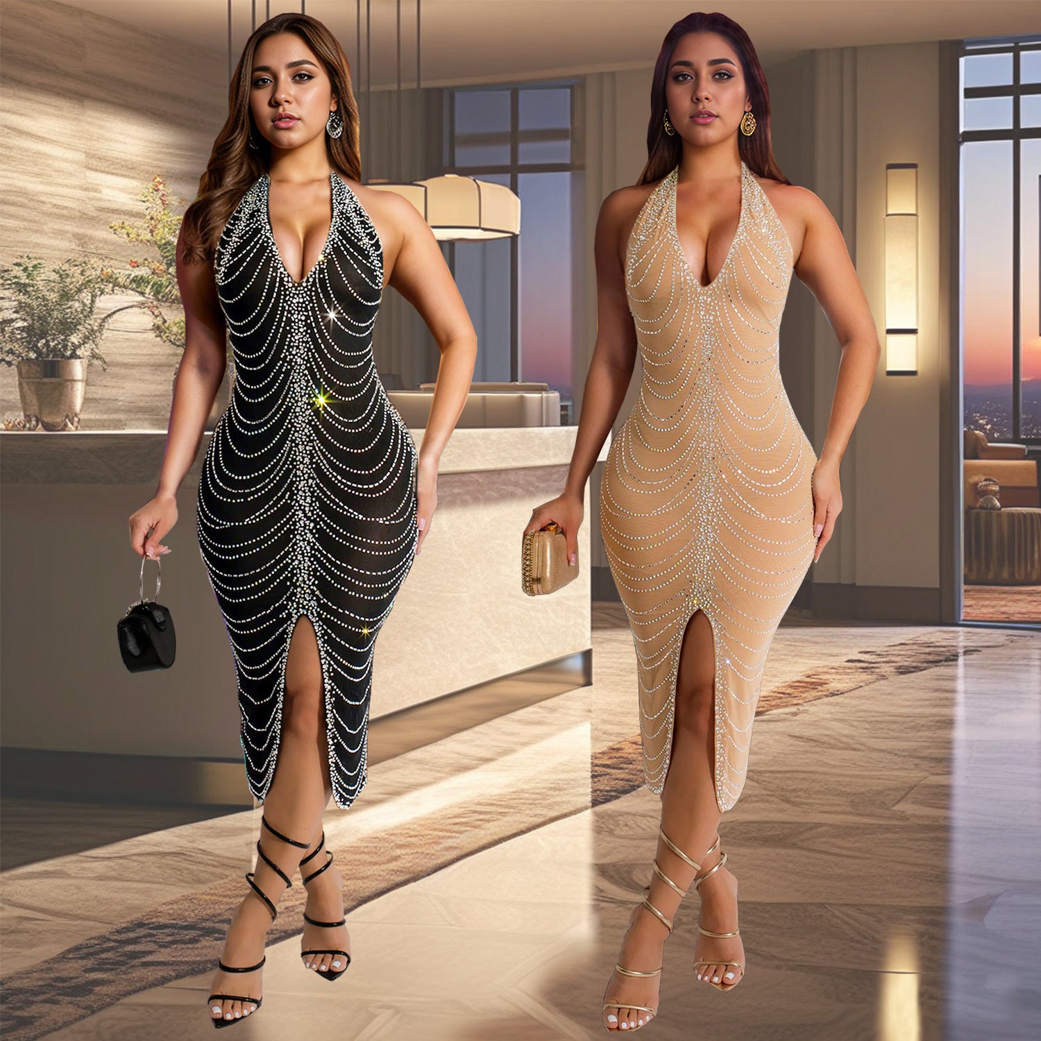 Fashion Women's Rhinestone Embellished Fitted Sexy Bodycon Long Dress