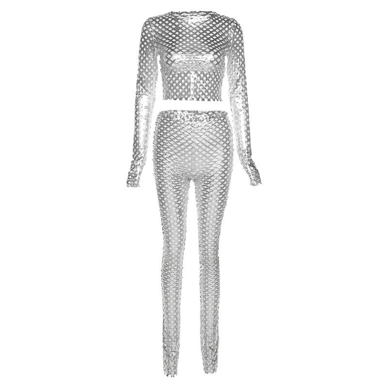 Metallic Mesh Two-Piece Pants Set