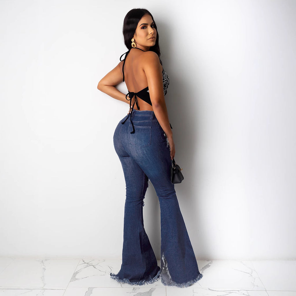 Women's ripped high waisted flared pants, jeans