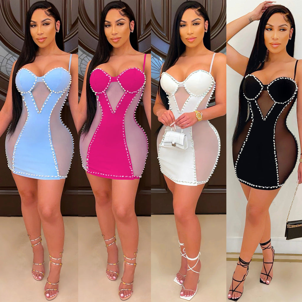 Rhinestone Mesh Bodycon Mini Dress
