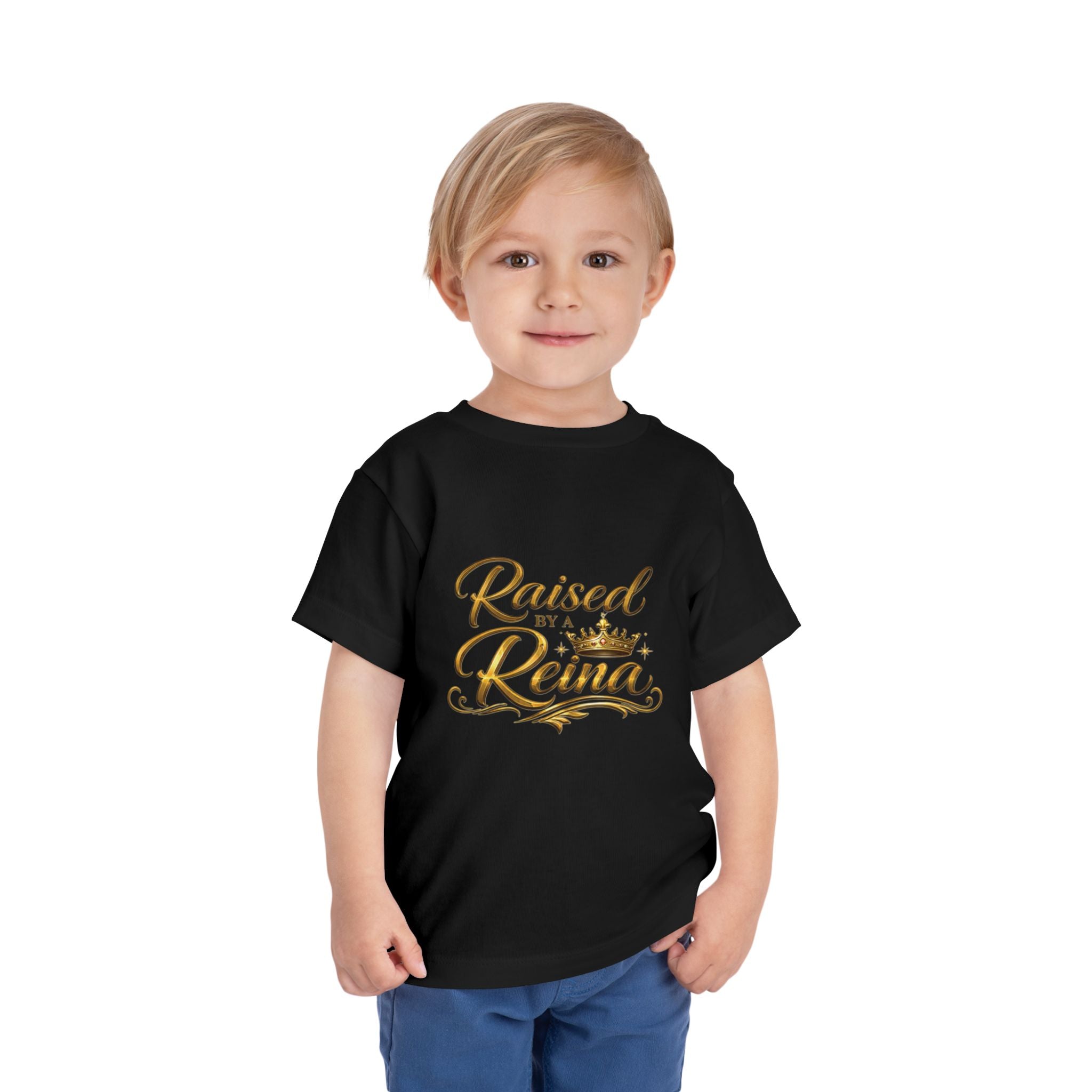 Raised by a Reina Toddler Tee — Gold Crown Princess Shirt for Little Girls