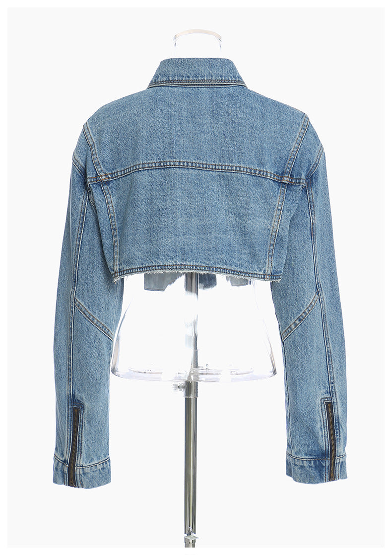 Deep Fried Street Pocket Bright Pink Short Tassel Denim Coat Motorcycle Jacket