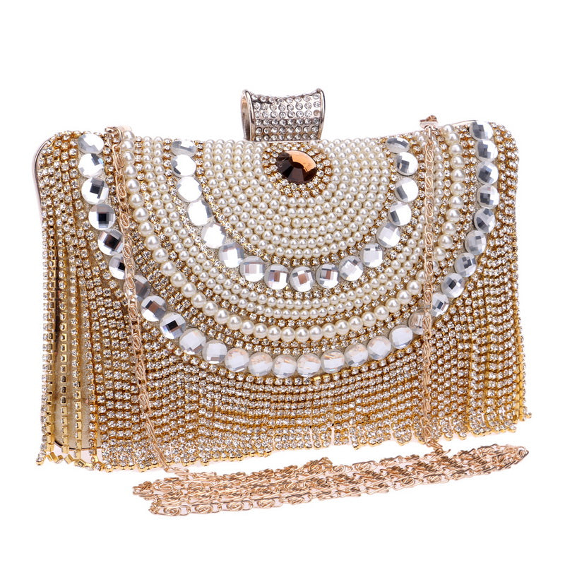 Rhinestones Tassel Clutch | Diamonds Beaded Metal Chain Shoulder Clutch