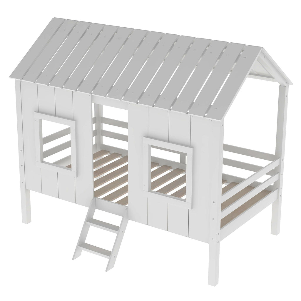Twin Size Low Loft House Bed with Roof and 2 Front Windows - White