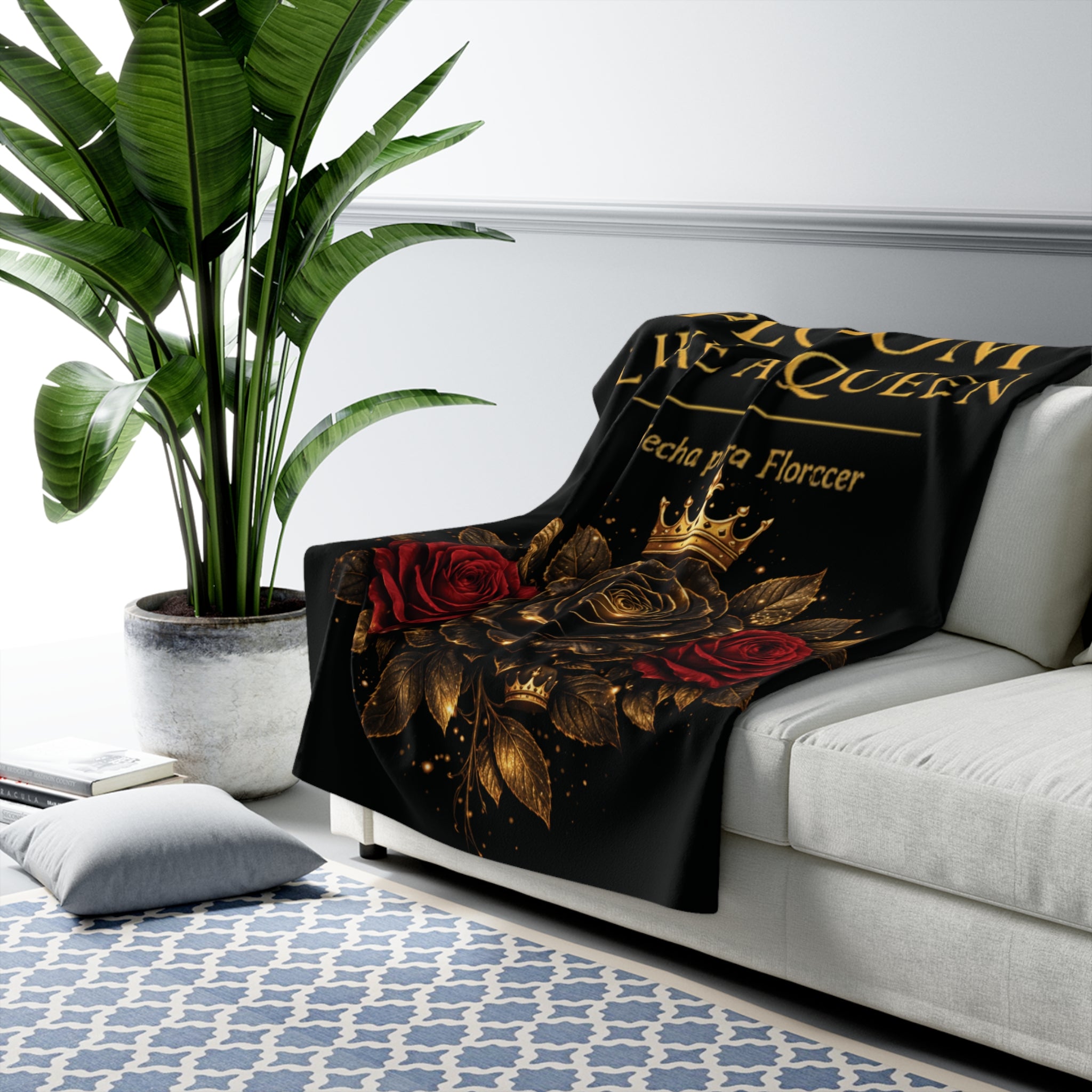 Bloom Like a Queen Sherpa Blanket — Floral Crown Throw with Spanish "Hecha para Florecer"