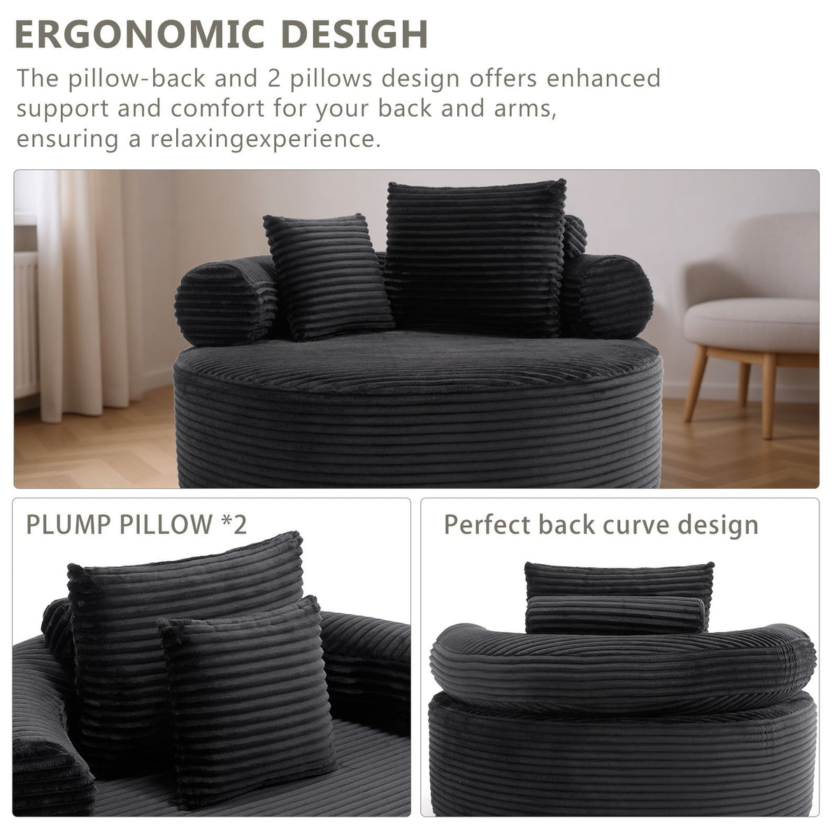Round Sofa Bed with Memory Foam and 3 Pillows - Multiple Colors