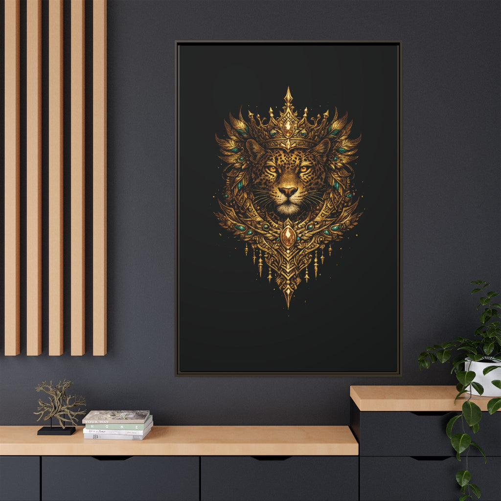 Golden Crowned Jaguar Canvas Art — Gold Crowned Lion Matte Framed Print