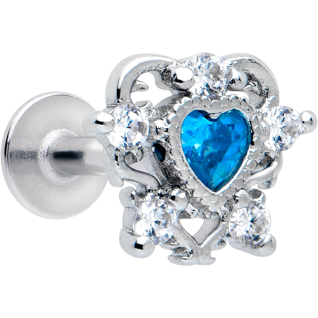 16G Blue Clear CZ Gem Heart Flat Back Earring