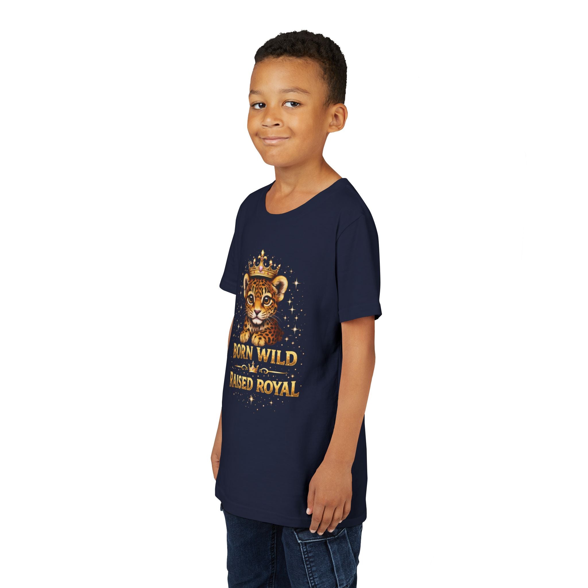 Youth Tee — "Born Wild Raised Royal" Crowned Jaguar Cub Kids T-Shirt