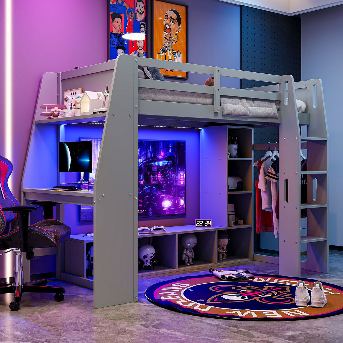 Gaming Loft Bed with Desk and Storage Shelves – LED Lighting – Black or Dark Gray