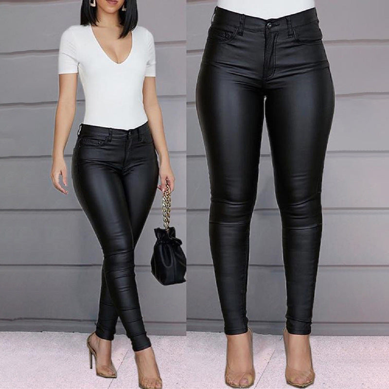 Dressy High-Waisted Skinny PU Leather Pants for Women Solid Color Casual Long Pants Slim Fit Sexy Style