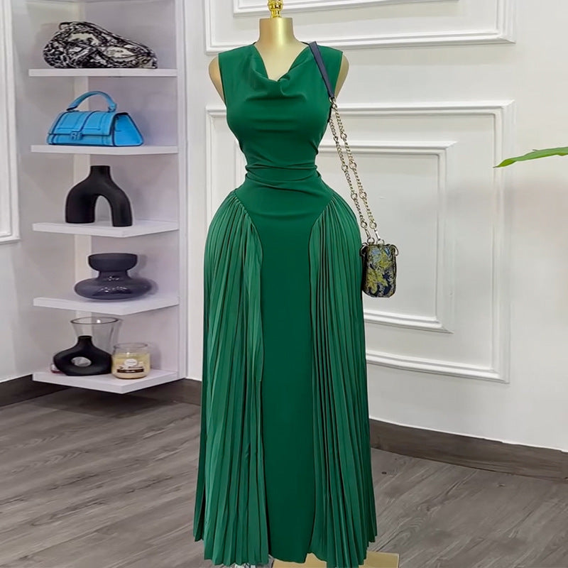 Elegant Sleeveless Pleated Bodycon Dress with Patchwork Design for Summer Long Dress
