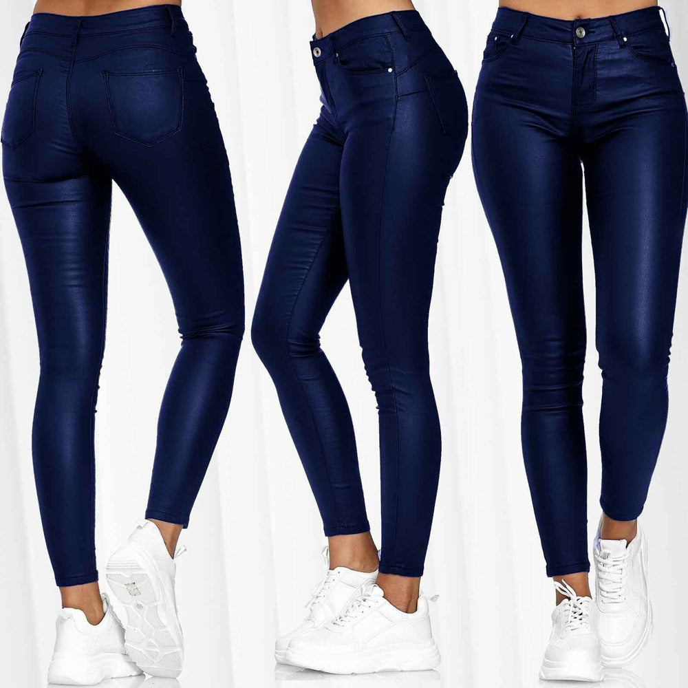 High-Waisted Solid Color Leather Casual Skinny Pants for Women Versatile and Stylish Long Trousers