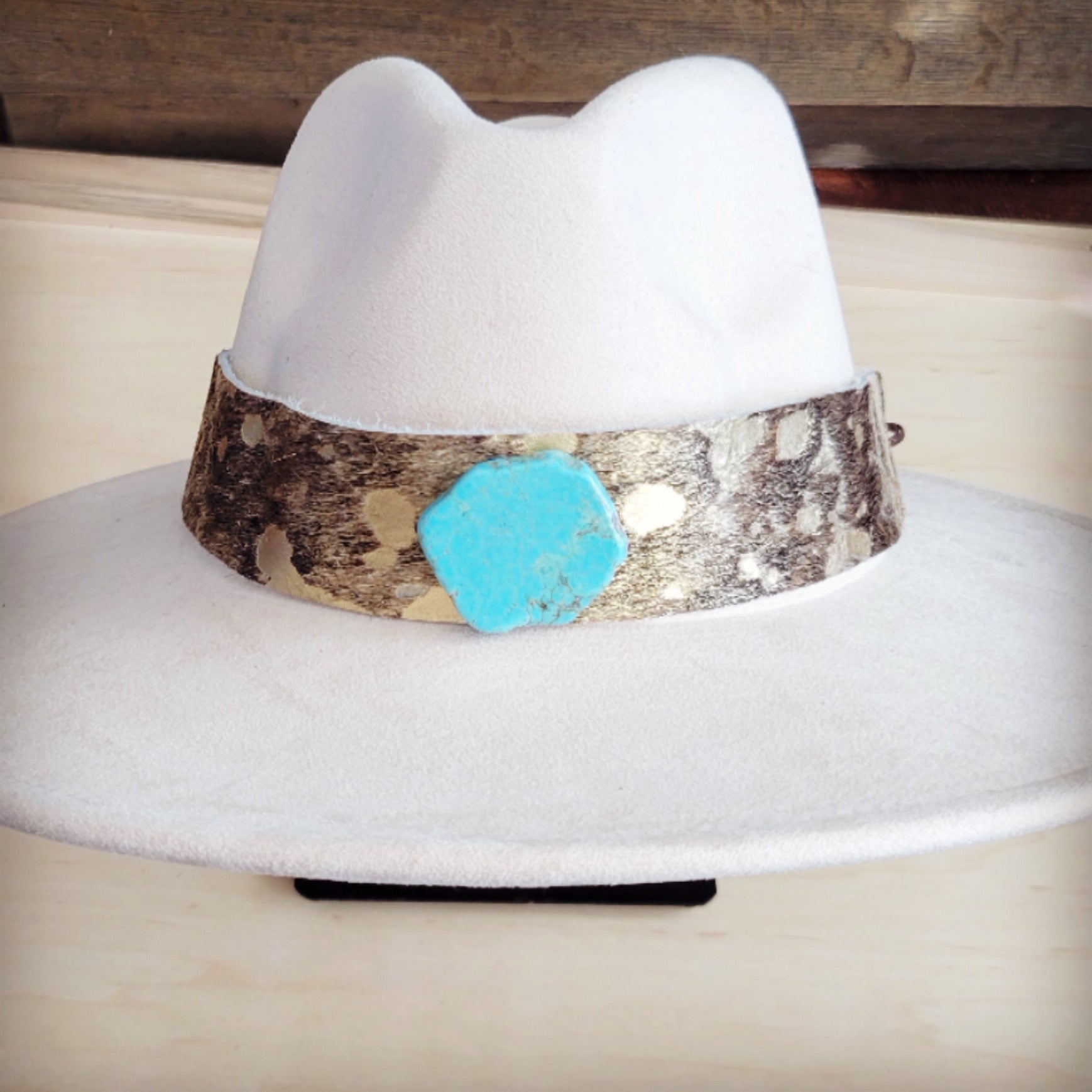 Wide Genuine Leather Mixed Metallic Hat Band w/ Turq 953t