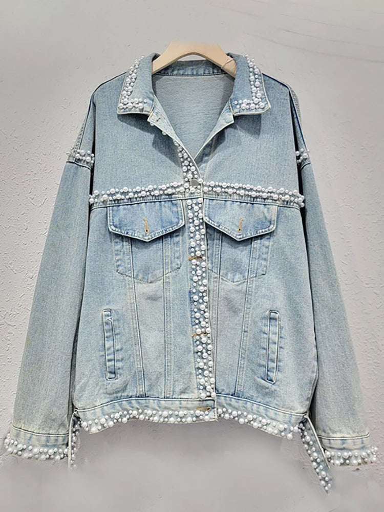 Women's Denim Coat Washed Light Blue Perals Embroidered Flares Single Breasted Jackets  Autumn New Fashion