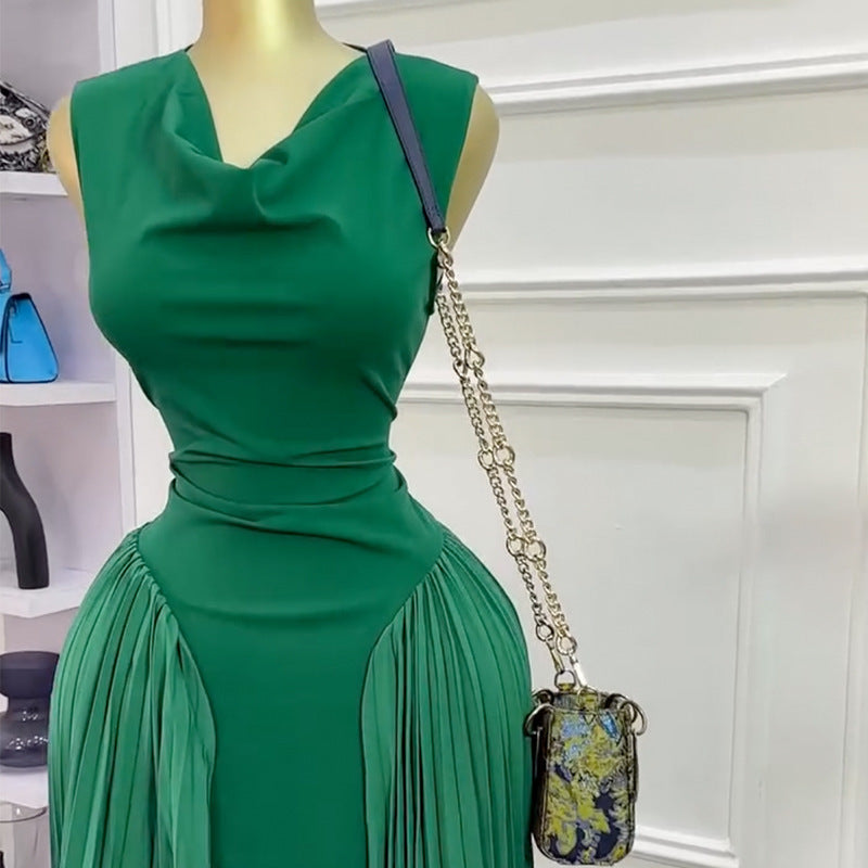 Elegant Sleeveless Pleated Bodycon Dress with Patchwork Design for Summer Long Dress