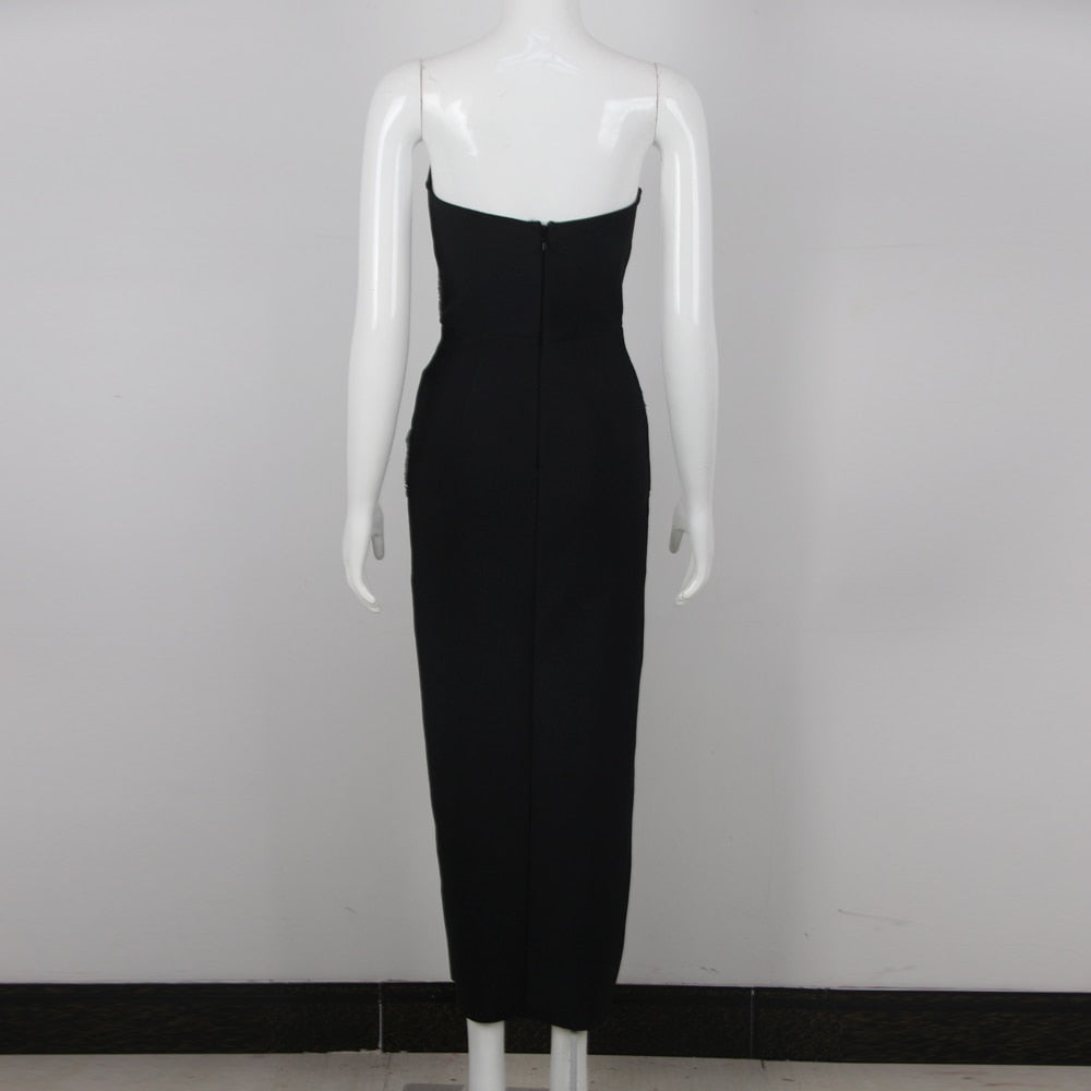 Women Summer Sexy Strapless Backless Sequin Split Black Maxi Long Bodycon Bandage Dress 2023 Elegant Evening Party Club Dresses